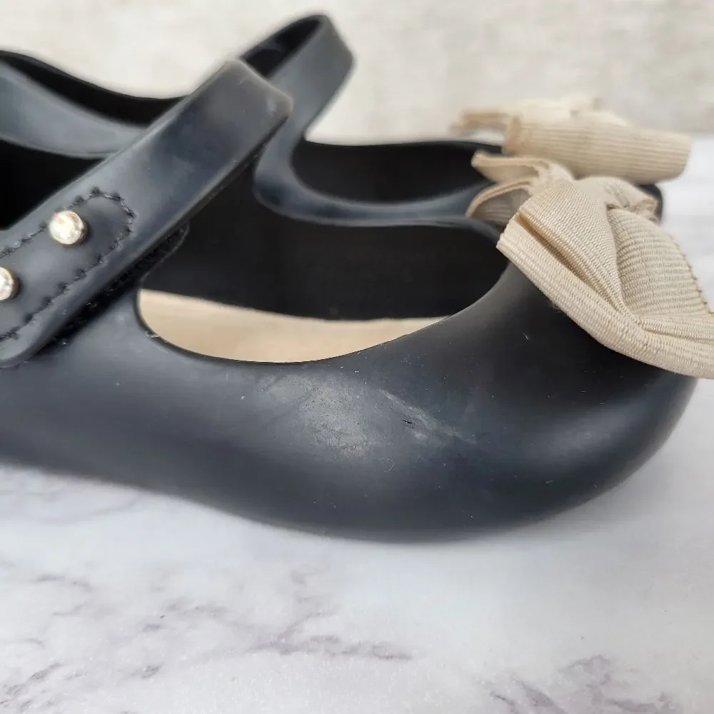 Mini Melissa Peep Toe Black Mary Jane Kids Shoes with Bow Rubber Jelly Dress
